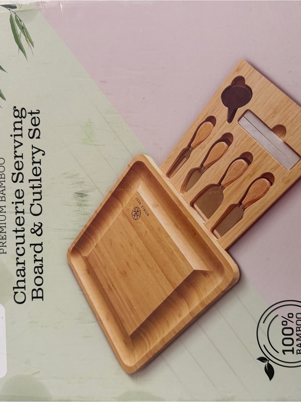 BAMBOO Natural Bamboo Charcuterie Serving Board with Slide-Out Cutlery Set
